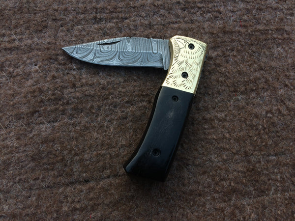 |NB KNIVES| CUSTOM HANDMADE DAMASCUS POCKET KNIFE WITH LEATHER SHEATH