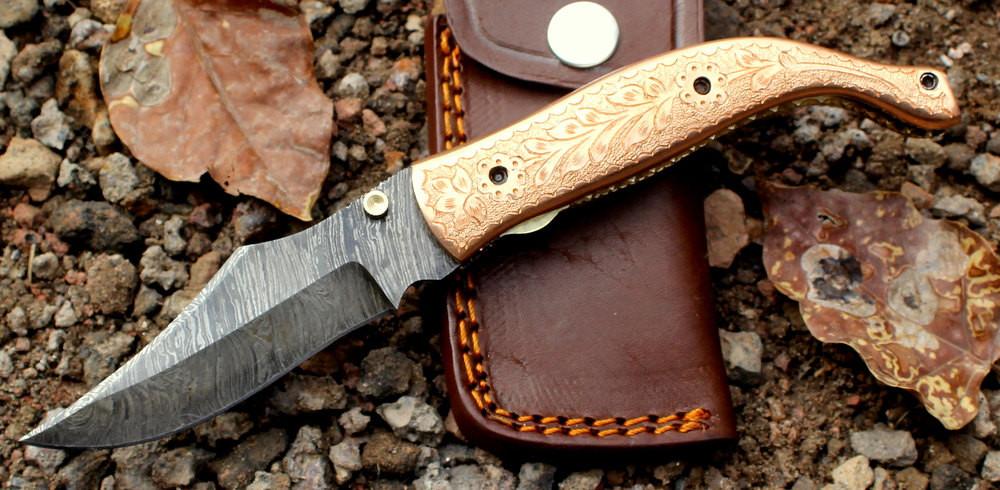 Engraved Brass Handle Handmade Damascus Folding Knife with Leather Sheath