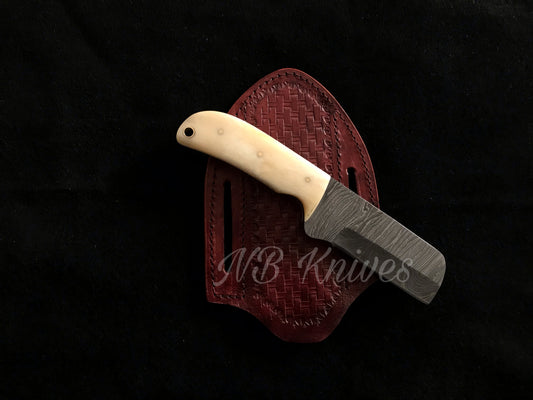 Custom Handmade Damascus Steel Cowboy Knife, Camel Bone Handle & Leather Sheath
