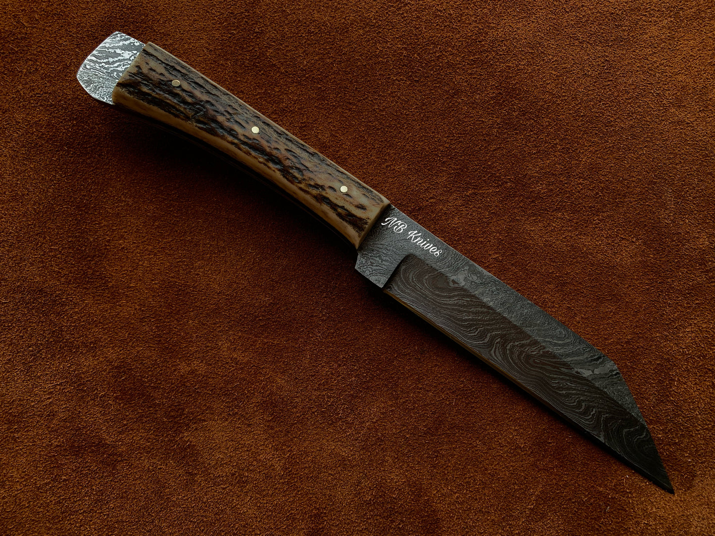 |NB KNIVES| CUSTOM HANDMADE DAMASCUS STAG HORN SEAX KNIFE WITH LEATHER SHEATH