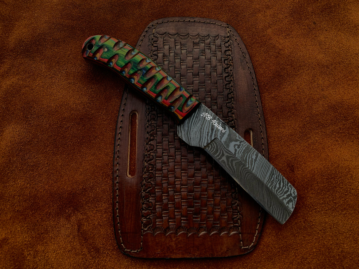 |NB KNIVES| CUSTOM HANDMADE DAMASCUS COWBOY BULL CUTTER KNIFE WITH LEATHER SHEATH