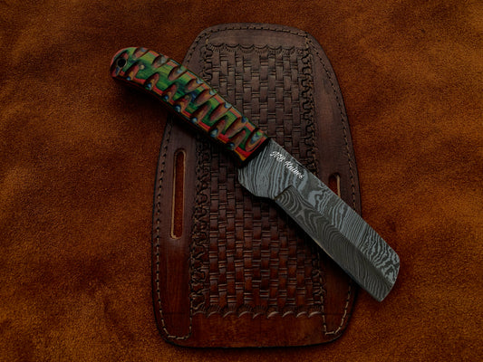 Pakka Wood Handle Damascus Cowboy Bull Cutter Knife with Sculpted Handle & Leather Sheath