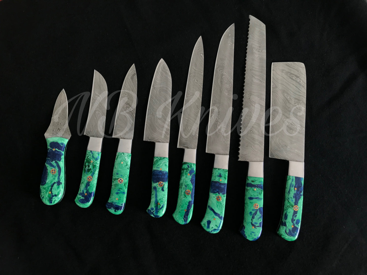 |NB KNIVES| CUSTOM HANDMADE DAMASCUS 8 PCS CHEF SET WITH LEATHER ROLL KIT