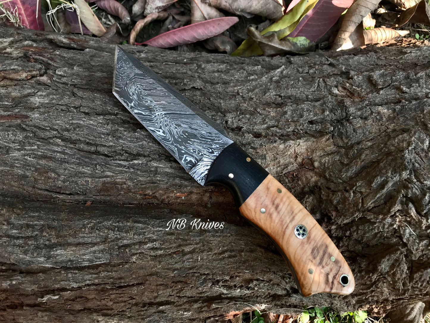 |NB KNIVES| CUSTOM HANDMADE DAMSCUS TANTO BLADE KNIFE Handle: wood with Micarta