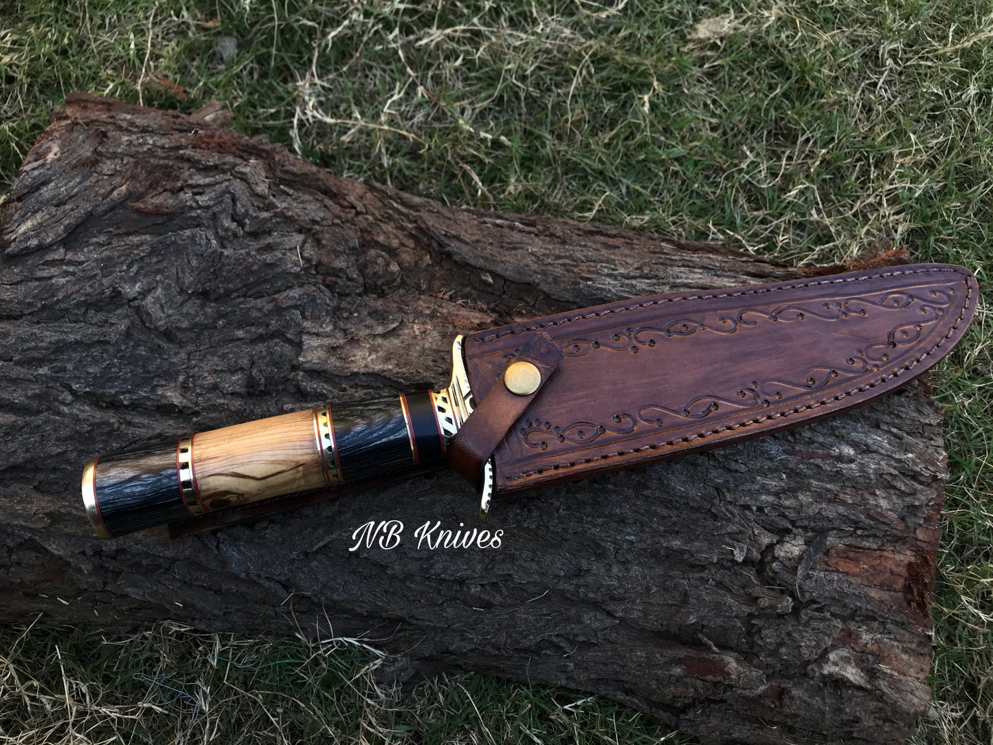 |NB KNIVES| DAMASCUS STEEL BLADE HUNTING BOWIE KNIFE,WOOD HANDLE