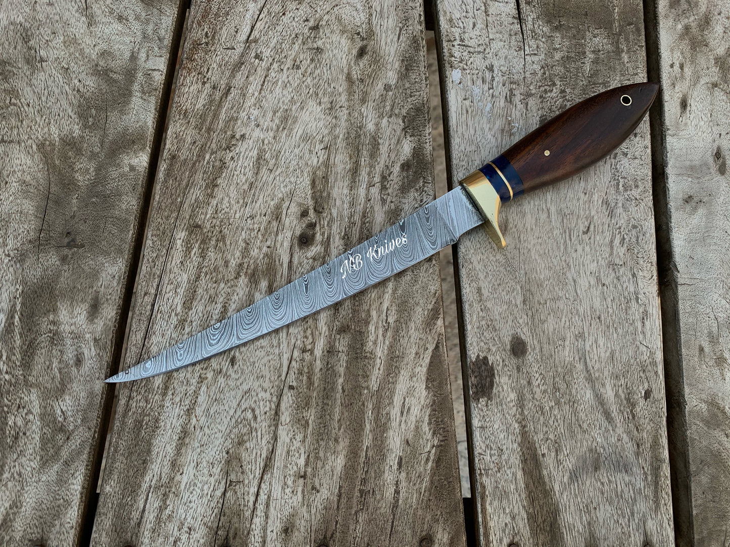 |NB KNIVES | CUSTOM HANDMADE DAMASCUS STEEL FILLET KNIFE WITH LEATHER SHEATH