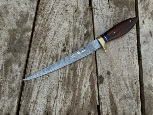|NB KNIVES | CUSTOM HANDMADE DAMASCUS STEEL FILLET KNIFE WITH LEATHER SHEATH