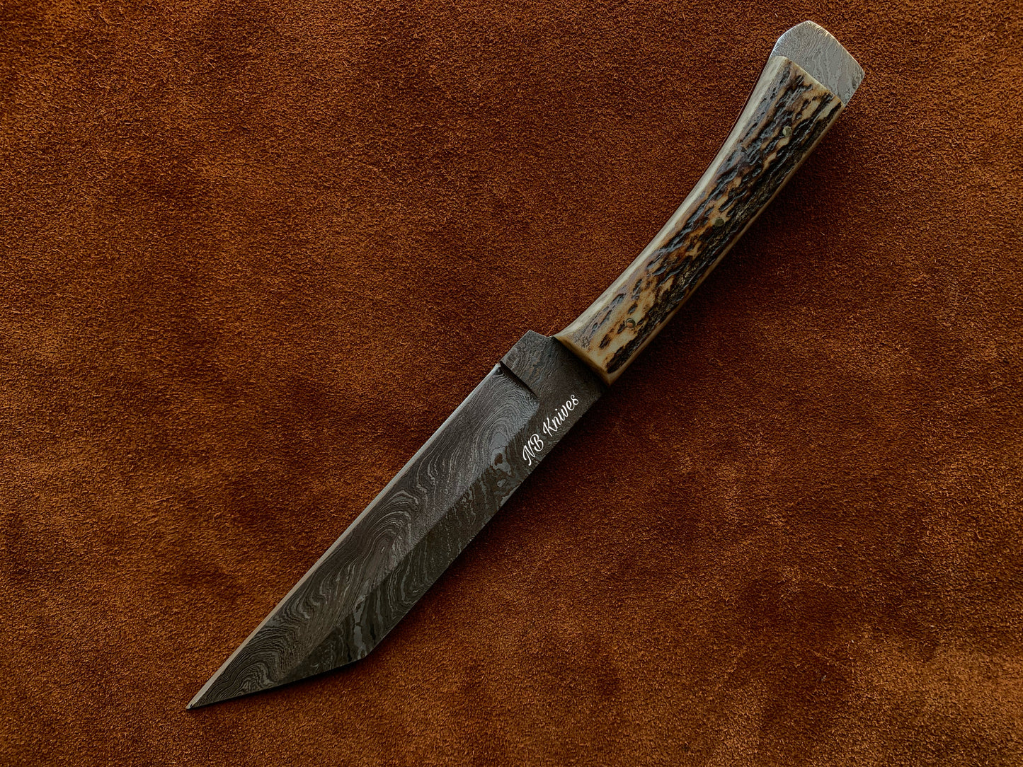 |NB KNIVES| CUSTOM HANDMADE DAMASCUS STAG HORN SEAX KNIFE WITH LEATHER SHEATH