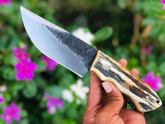 Custom Handmade 1095 Steel Skinner Knife with Stag Horn Handle & Leather Sheath