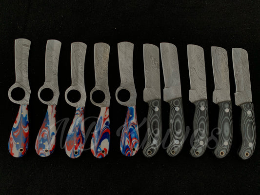 10-Piece Damascus Cowboy Bull Cutter Knife Set with 5 Resin & 5 Micarta Handles