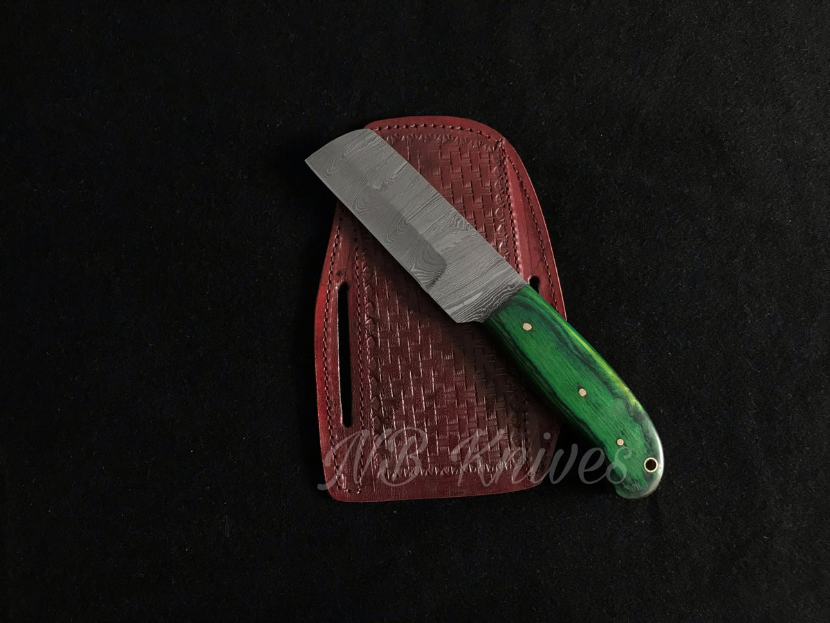 Handmade Damascus Cowboy Bull Cutter Knife with Pakka Wood Handle & Leather Sheath