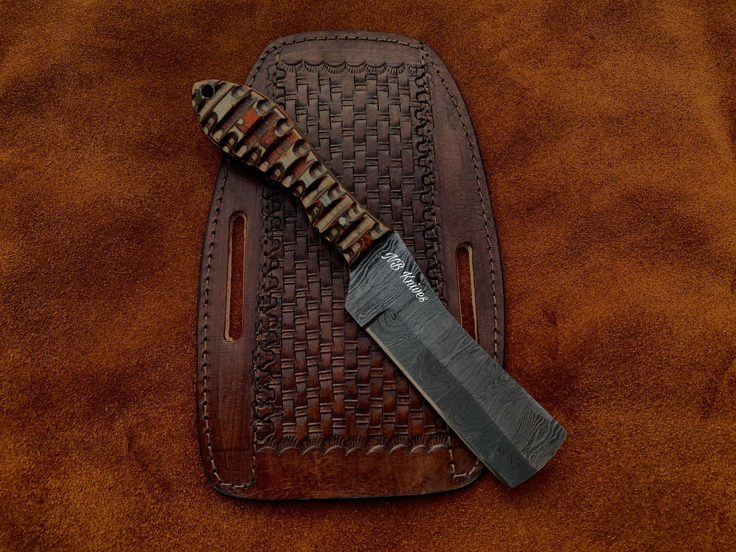 |NB KNIVES| CUSTOM HANDMADE DAMASCUS COWBOY BULL CUTTER KNIFE WITH LEATHER SHEATH