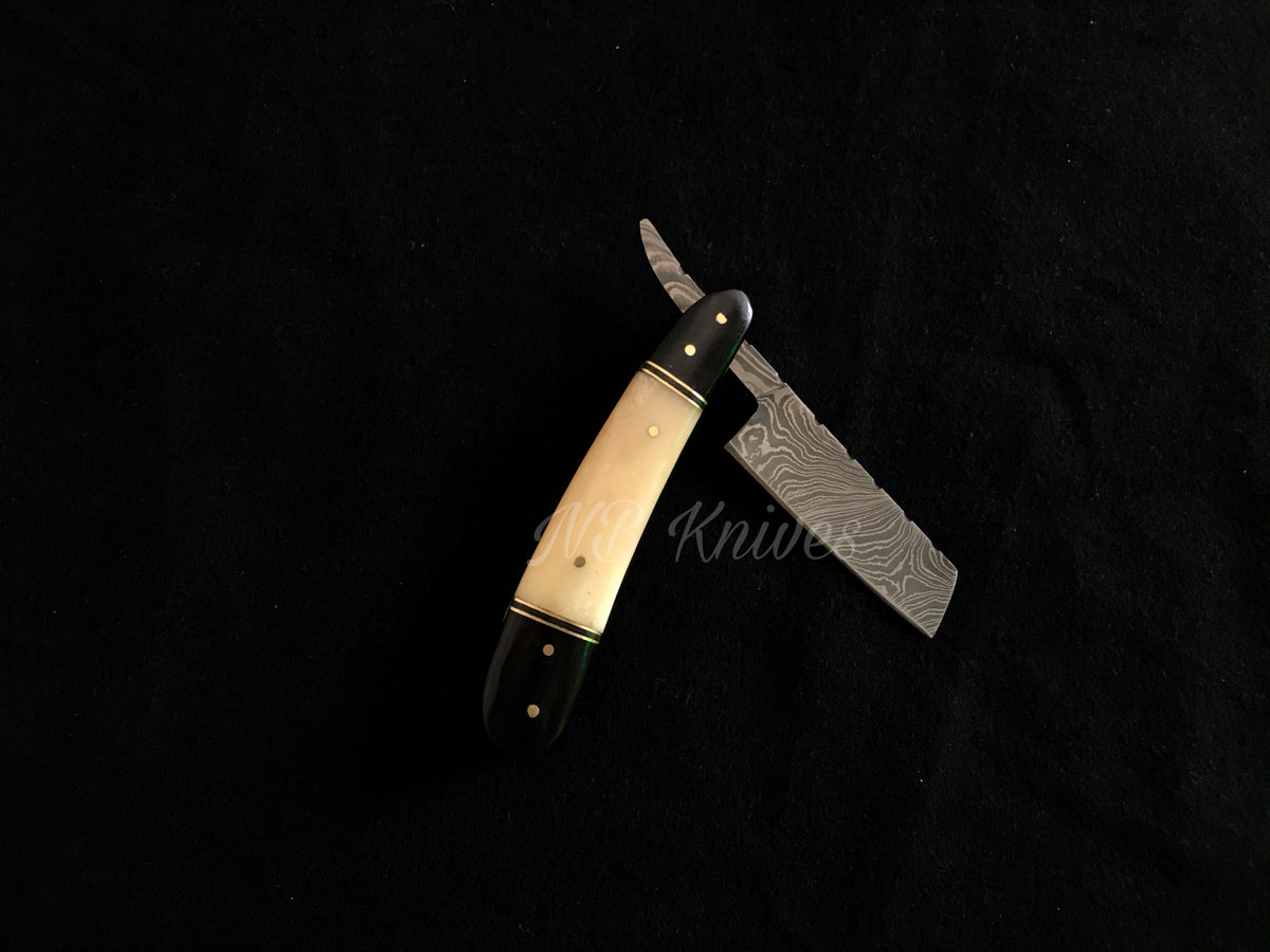 |NB KNIVES| CUSTOM HANDMADE DAMASCUS RAZOR WITH LEATHER SHEATH