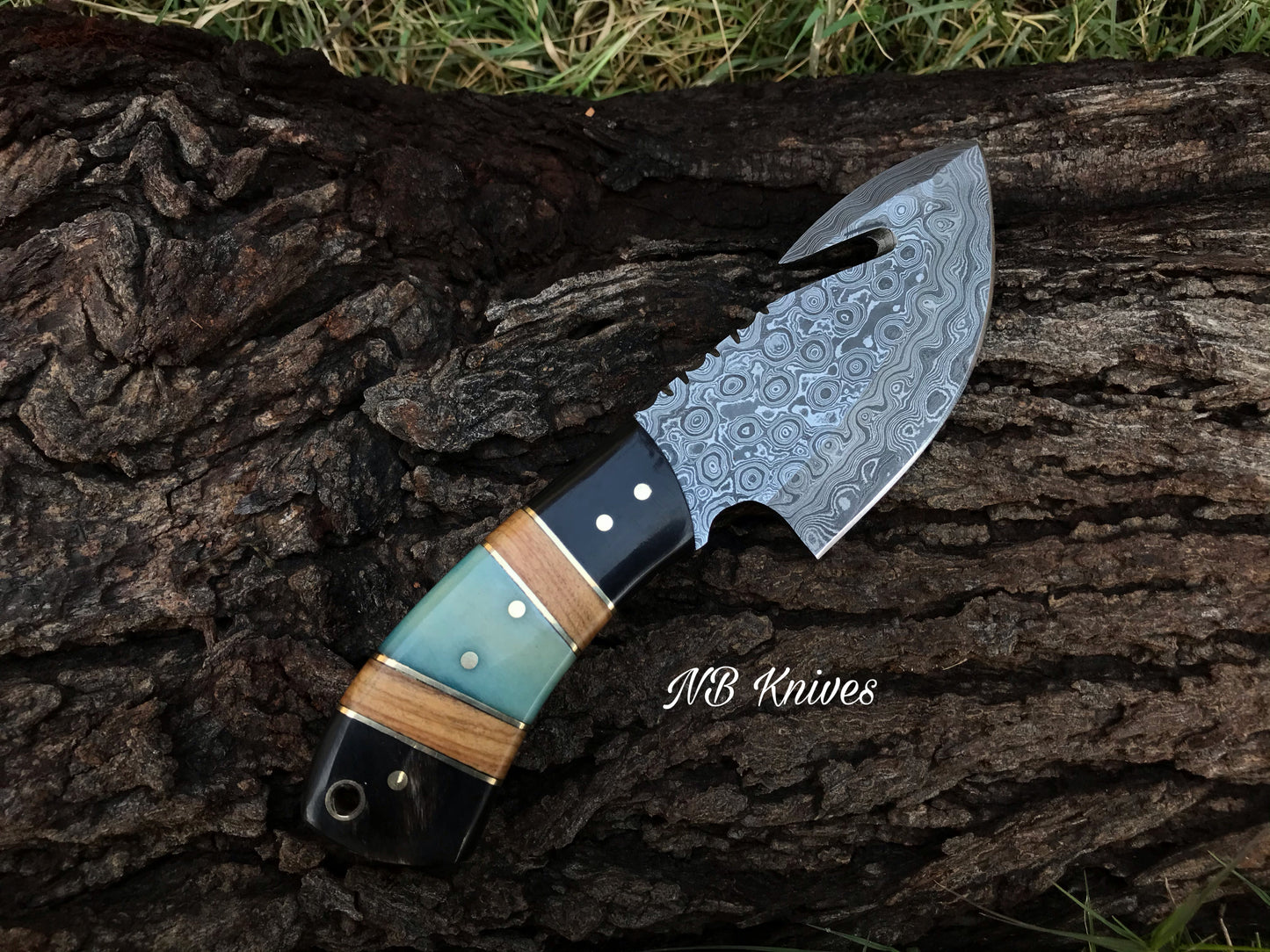 |NB KNIVES| CUSTOM HANDMADE DAMASCUS GUTHOOK HUNTING KNIFE Handle Material , horn ,olivewood,colored bone