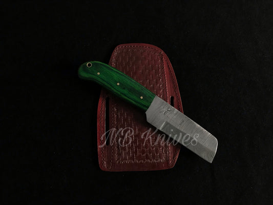Handmade Damascus Cowboy Bull Cutter Knife with Pakka Wood Handle & Leather Sheath