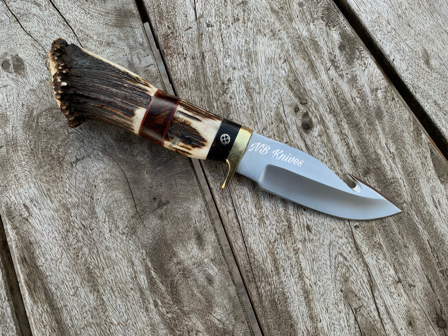|NB KNIVES| CUSTOM HANDMADE D2 STEEL STAGHORN GUTHOOK KNIFE WITH LEATHER SHEATH