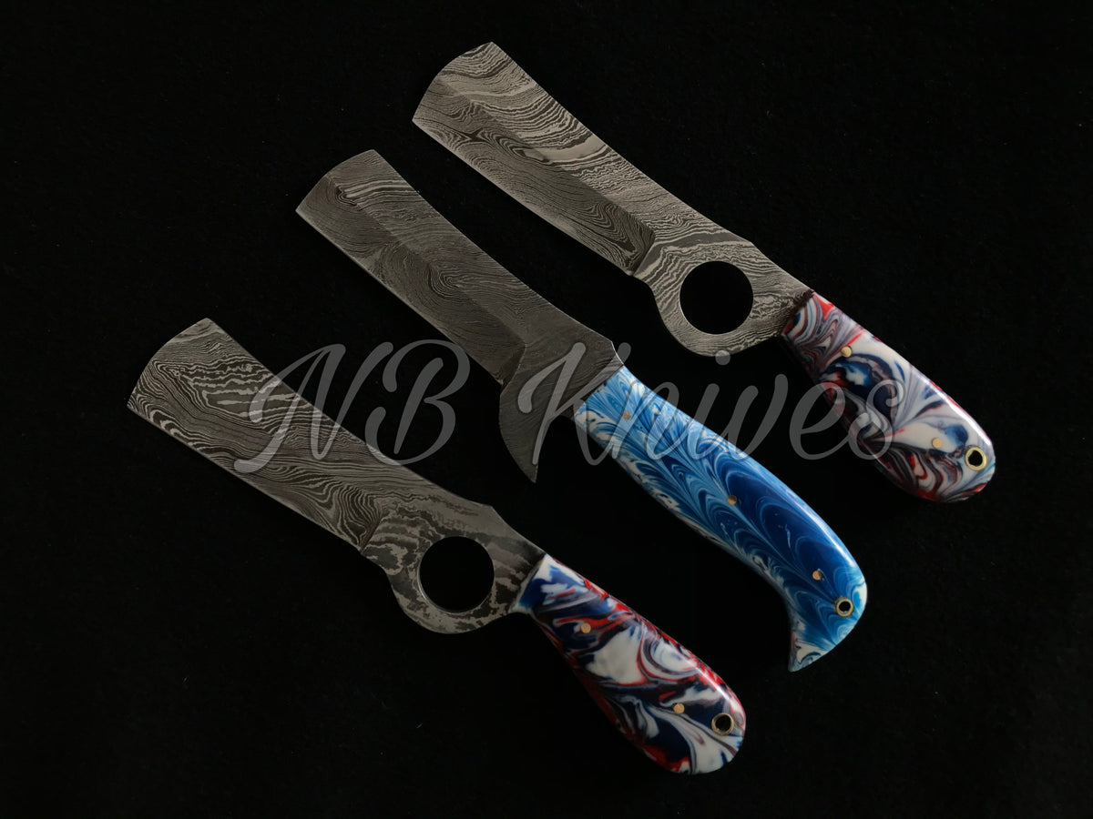Set of 3 Beautiful Damascus Bull Cutter Knives with Resin Handles & Leather Sheaths