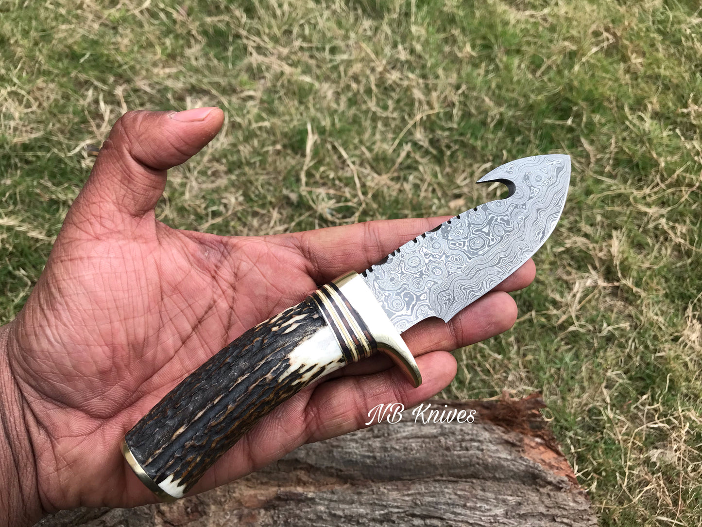 |NB KNIVES| CUSTOM HANDMADE DAMASCUS STAG HORN GUTHOOK KNIFE WITH LEATHER SHEATH