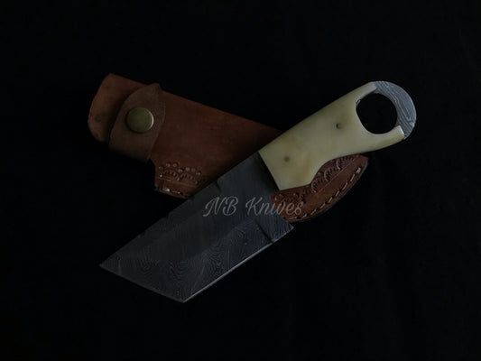 Camel Bone Damascus Skinner Knife – Handmade Blade with Leather Sheath