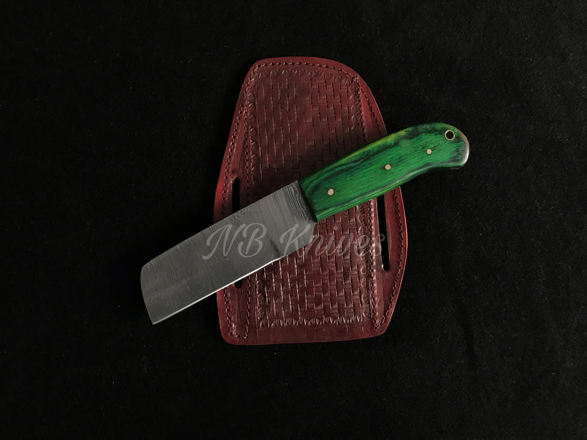 Handmade Damascus Cowboy Bull Cutter Knife with Pakka Wood Handle & Leather Sheath