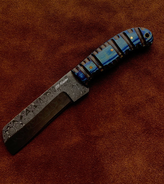 Blue & Grey Pakka Wood Damascus Bull Cutter Knife with Sculpted Handle