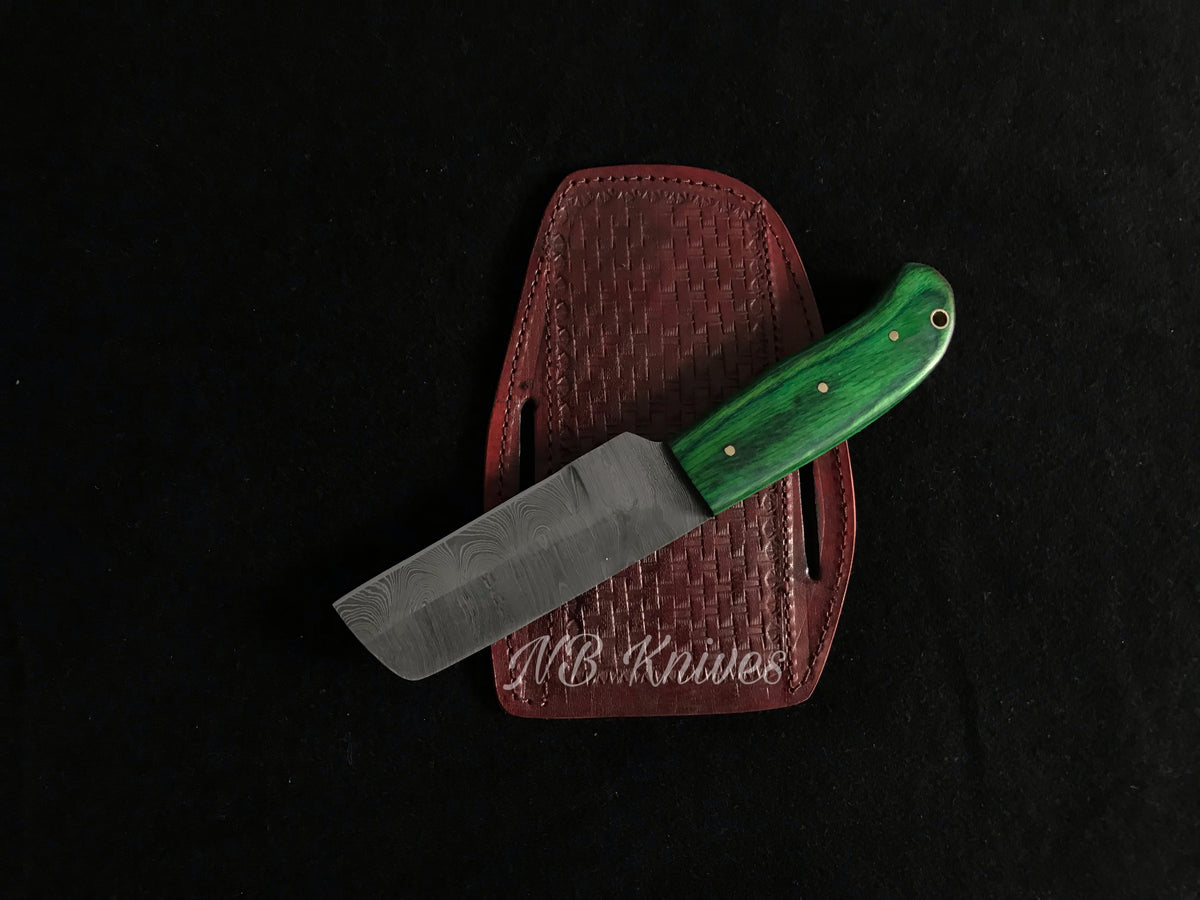 Handmade Damascus Cowboy Bull Cutter Knife with Pakka Wood Handle & Leather Sheath