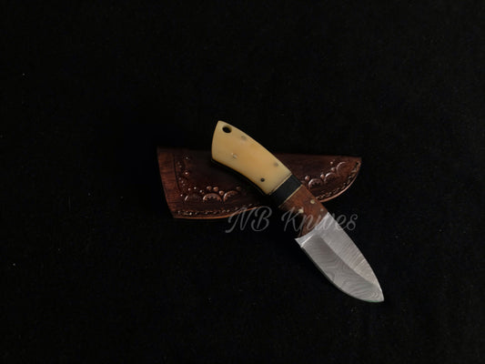 Handcrafted Damascus Skinner Knife with Camel Bone & Rosewood Handle