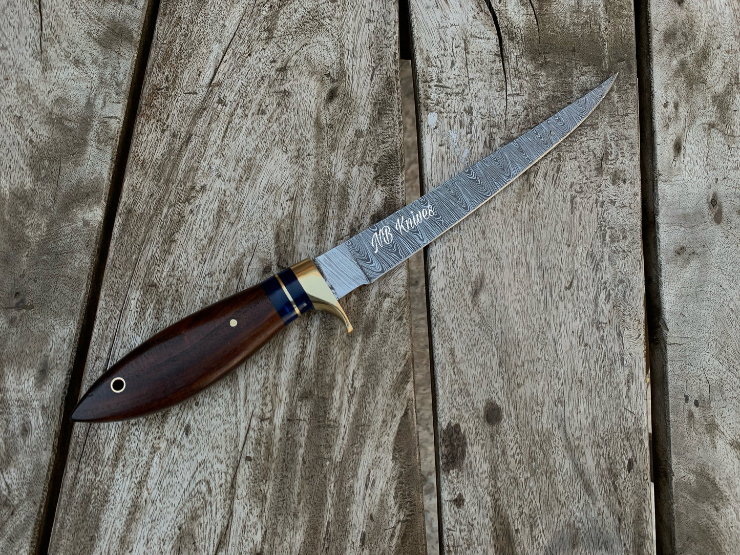 |NB KNIVES | CUSTOM HANDMADE DAMASCUS STEEL FILLET KNIFE WITH LEATHER SHEATH