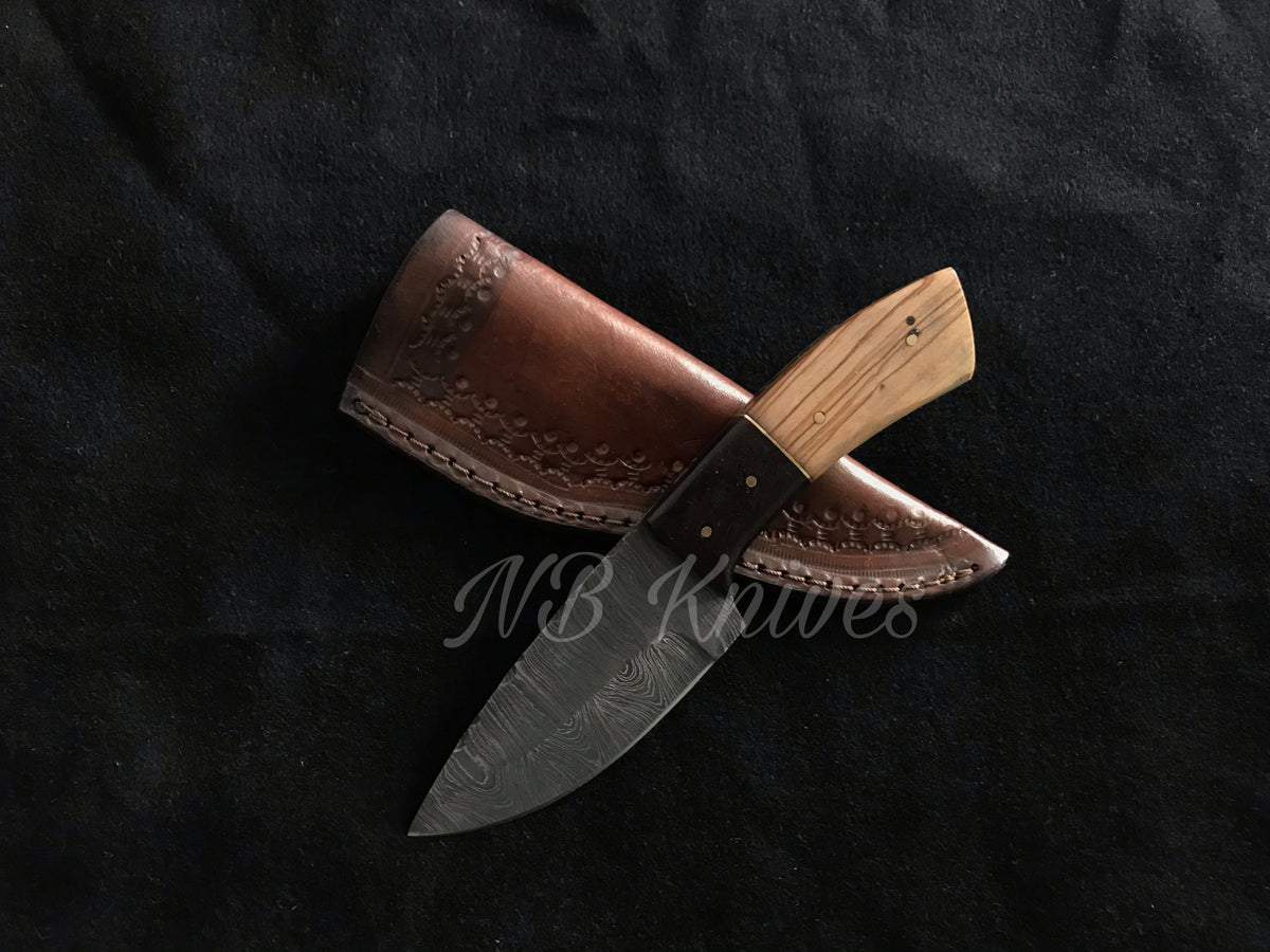 Olive Wood & Hardwood Bolster Damascus Skinner Knife – Handmade