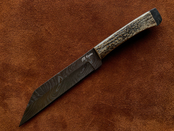 |NB KNIVES| CUSTOM HANDMADE DAMASCUS STAG HORN HUNTING KNIFE WITH LEATHER SHEATH