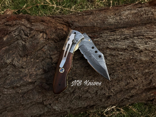 |NB KNIVES| CUSTOM HANDMADE DAMASCUS FOLDING KNIFE WITH POCKET CLIP