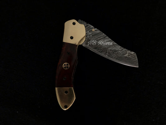 |NB KNIVES| CUSTOM HAND MADE DAMASCUS POCKET KNIFE WITH LEATHER SHEATH