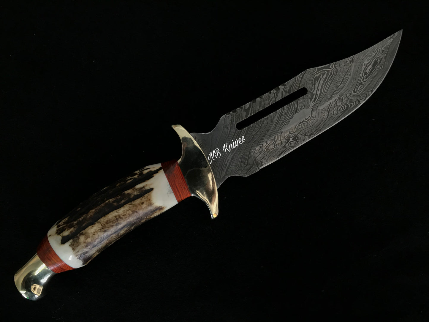 |NB KNIVES| CUSTOM HANDMADE DAMASCUS STAG HORN HUNTING KNIFE WITH LEATHER SHEATH