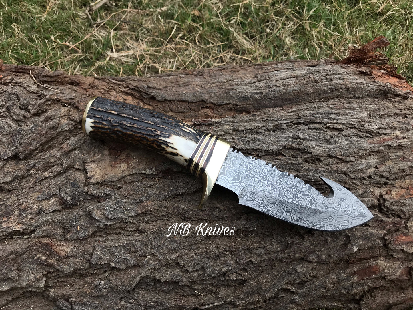 |NB KNIVES| CUSTOM HANDMADE DAMASCUS STAG HORN GUTHOOK KNIFE WITH LEATHER SHEATH