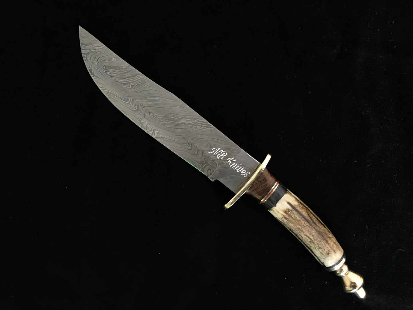 |NB KNIVES| CUSTOM HANDMADE DAMASCUS STAG HORN HUNTING KNIFE WITH LEATHER SHEATH