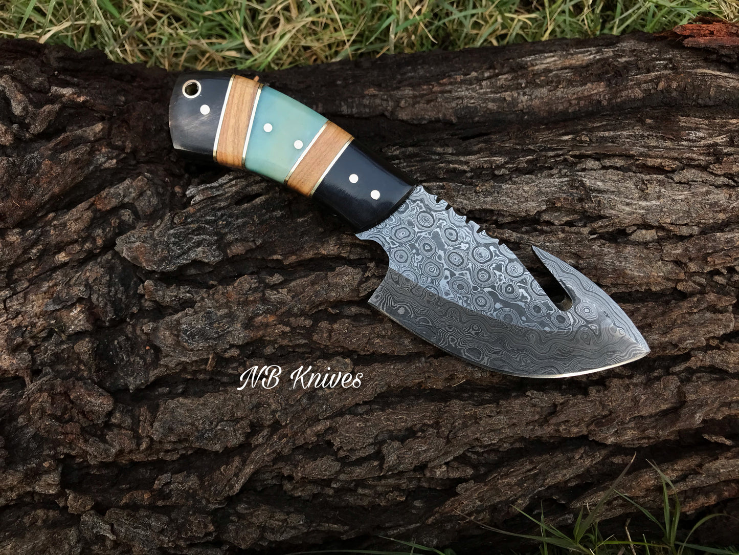 |NB KNIVES| CUSTOM HANDMADE DAMASCUS GUTHOOK HUNTING KNIFE Handle Material , horn ,olivewood,colored bone