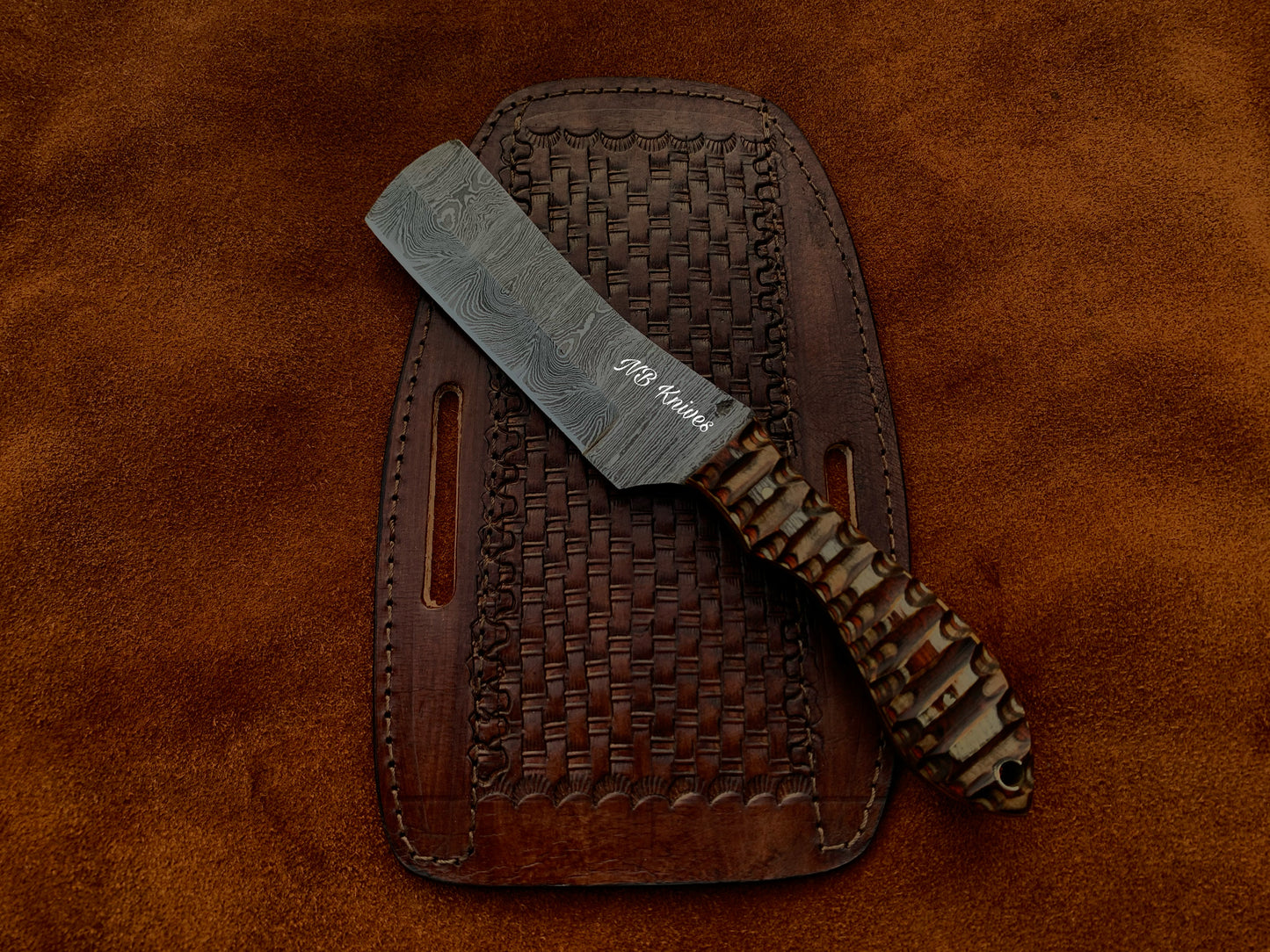 |NB KNIVES| CUSTOM HANDMADE DAMASCUS COWBOY BULL CUTTER KNIFE WITH LEATHER SHEATH