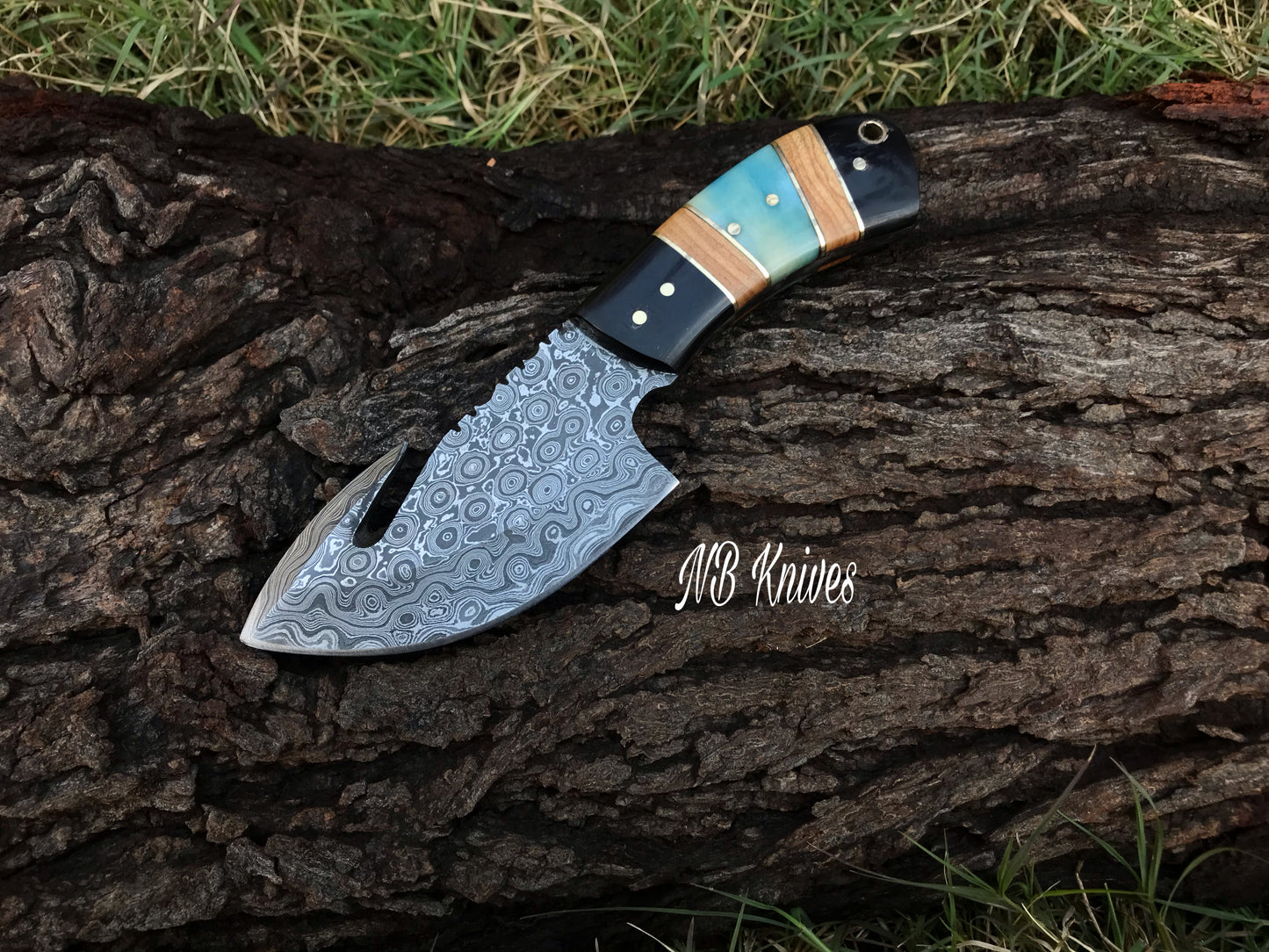 |NB KNIVES| CUSTOM HANDMADE DAMASCUS GUTHOOK HUNTING KNIFE Handle Material , horn ,olivewood,colored bone