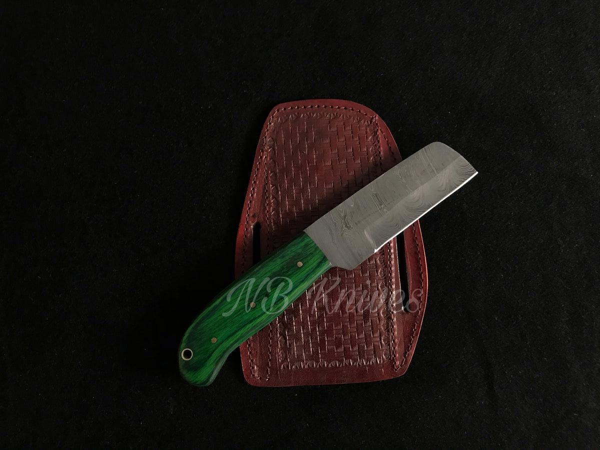 Handmade Damascus Cowboy Bull Cutter Knife with Pakka Wood Handle & Leather Sheath