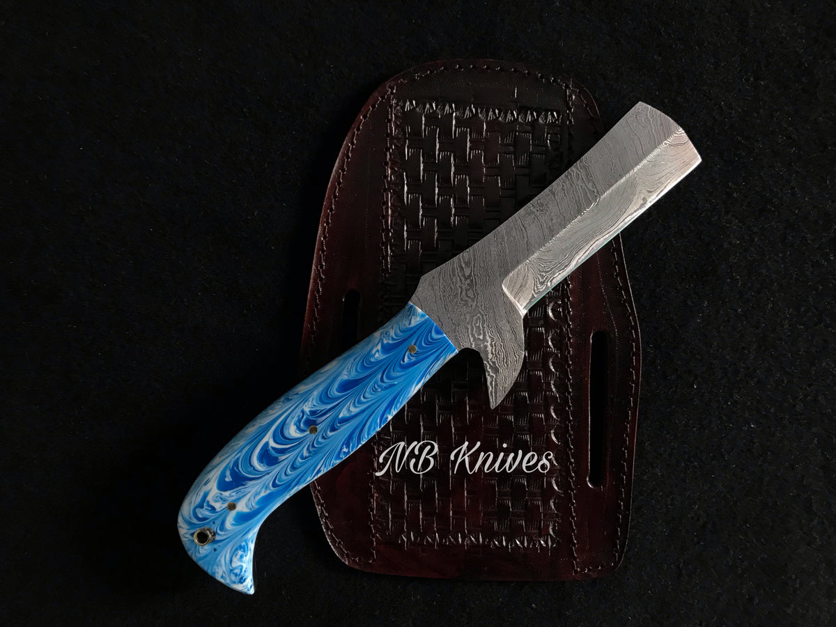 Resin Handle Damascus Cowboy Bull Cutter Knife with Leather Sheath
