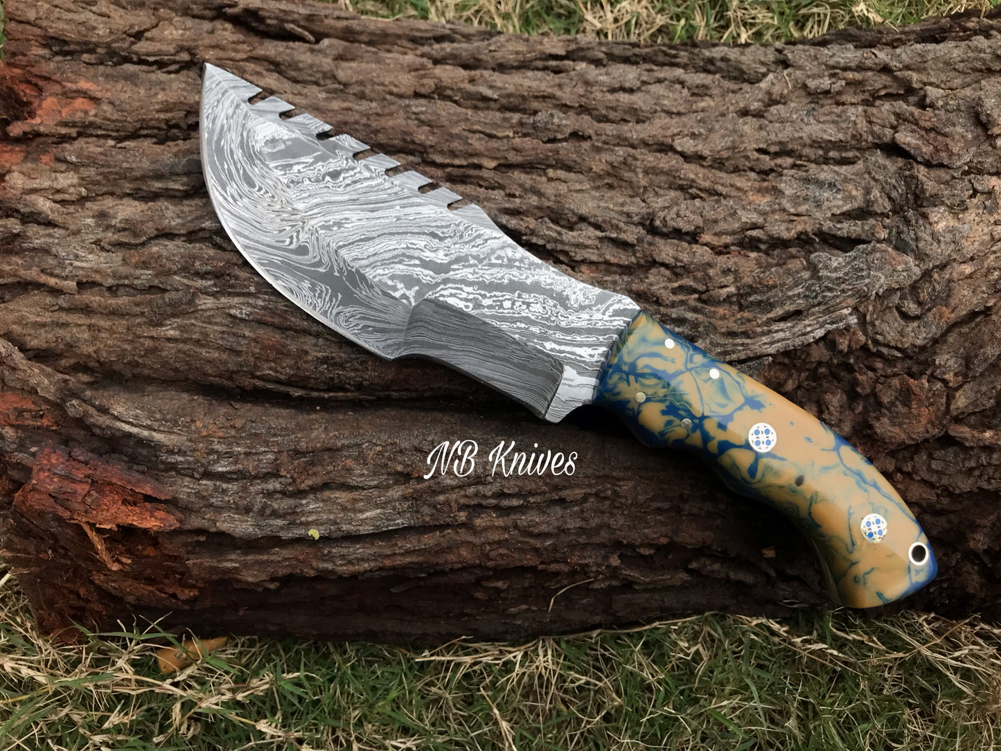 |NB KNIVES| CUSTOM HANDMADE DAMASCUS TRACKER KNIFE WITH LEATHER SHEATH