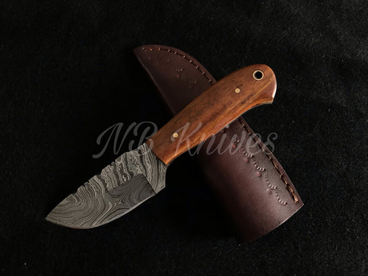 Handcrafted Rosewood Handle Knife with Damascus Skinning Blade