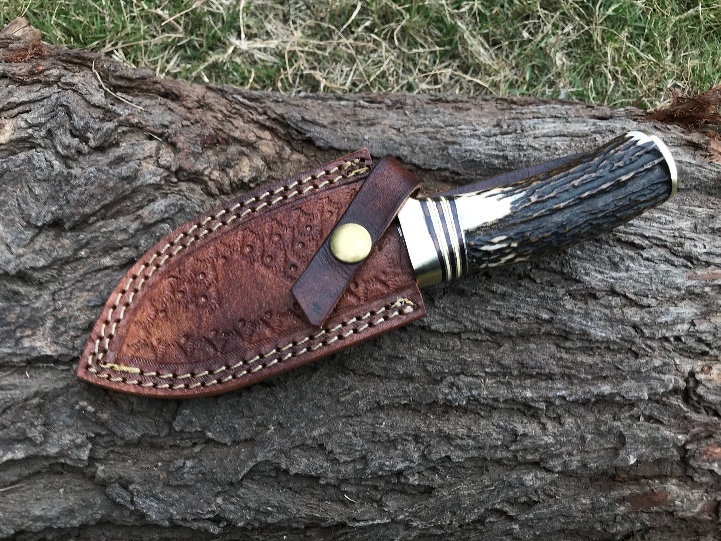 |NB KNIVES| CUSTOM HANDMADE DAMASCUS STAG HORN GUTHOOK KNIFE WITH LEATHER SHEATH