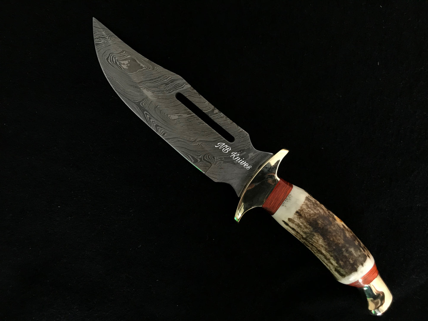 |NB KNIVES| CUSTOM HANDMADE DAMASCUS STAG HORN HUNTING KNIFE WITH LEATHER SHEATH