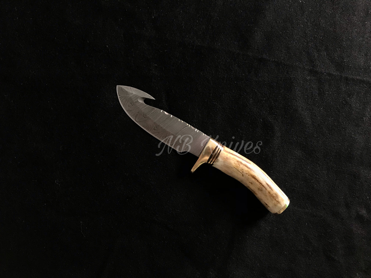 |NB KNIVES| CUSTOM HANDMADE DAMASCUS STAG HORN GUTHOOK KNIFE WITH LEATHER SHEATH