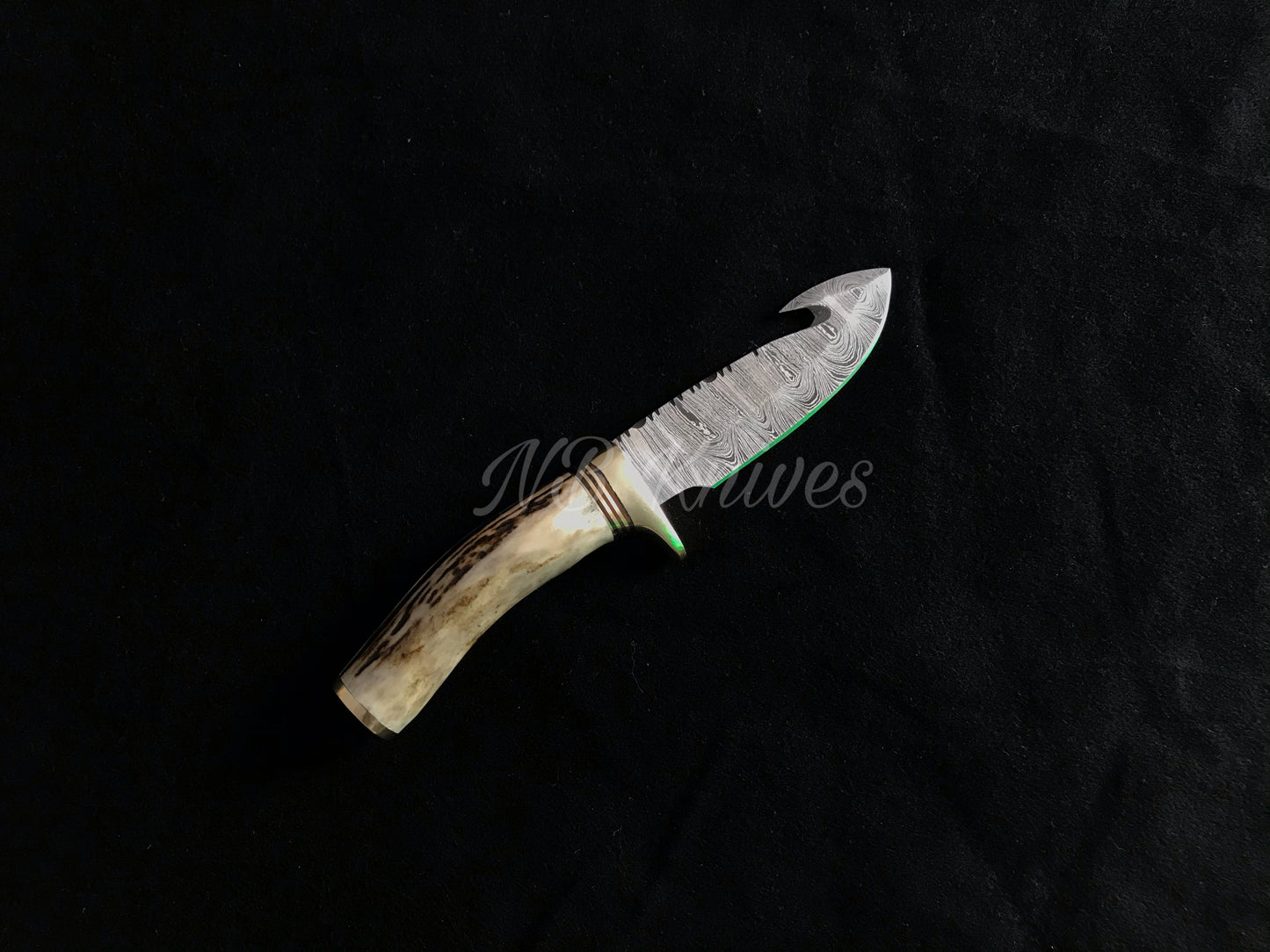 |NB KNIVES| CUSTOM HANDMADE DAMASCUS STAG HORN GUTHOOK KNIFE WITH LEATHER SHEATH