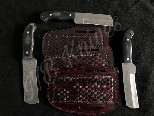 |NB KNIVES | LOT OF 3 CUSTOM HANDMADE DAMASCUS COWBOY BULL CUTTER KNIVES WITH LEATHER SHEATHS