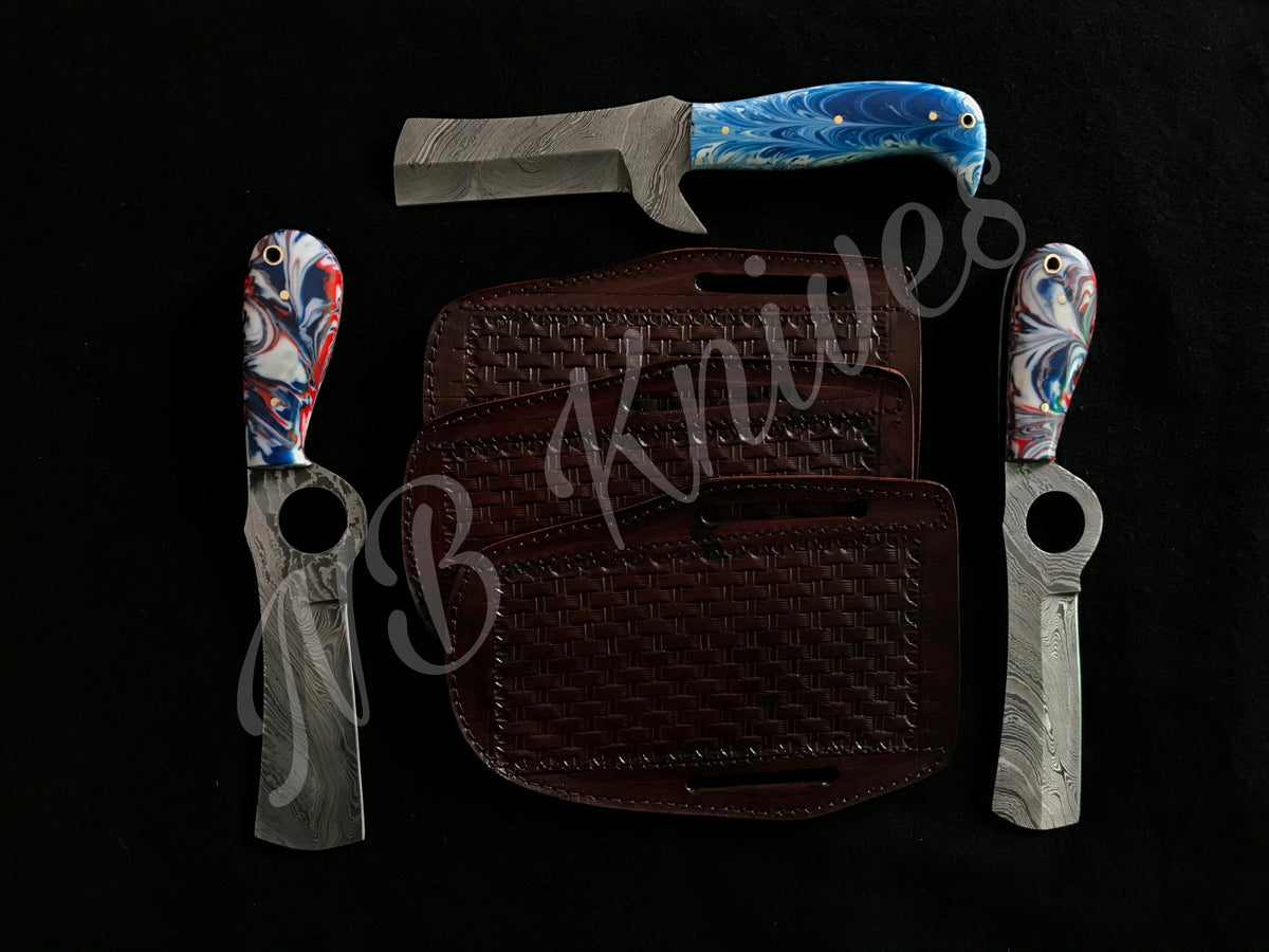 Set of 3 Beautiful Damascus Bull Cutter Knives with Resin Handles & Leather Sheaths