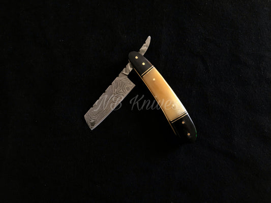 |NB KNIVES| CUSTOM HANDMADE DAMASCUS RAZOR WITH LEATHER SHEATH