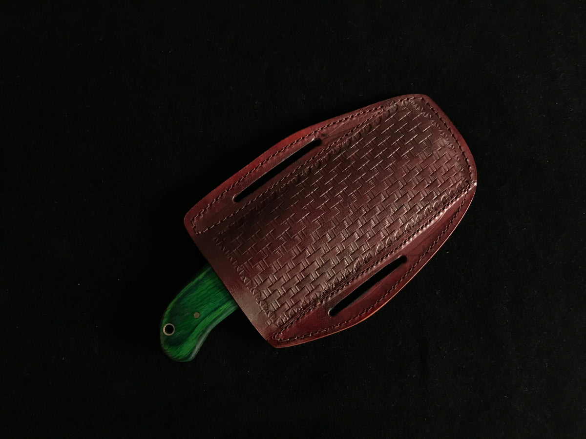 Handmade Damascus Cowboy Bull Cutter Knife with Pakka Wood Handle & Leather Sheath